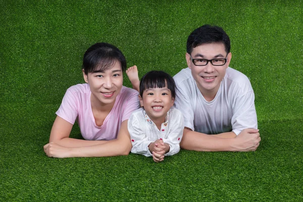 Gelukkige Aziatische Chinese ouders en dochter liggen op het gras — Stockfoto