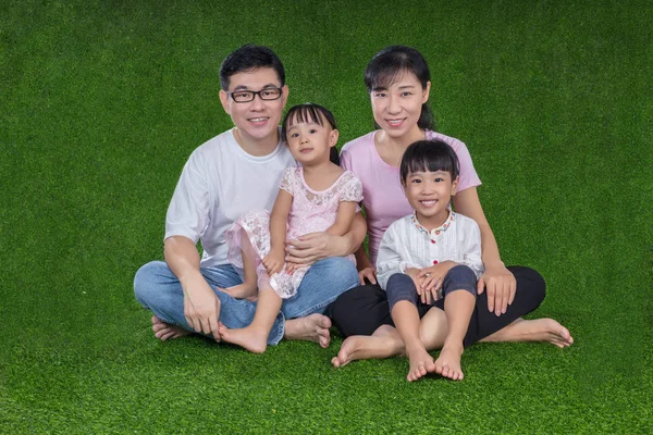 Happy Asian Chinese parents and daughters sitting on the grass