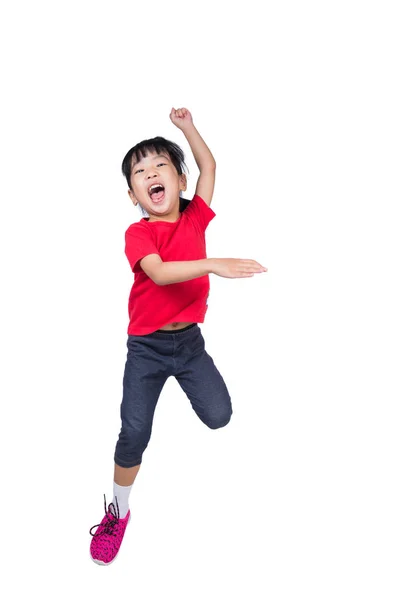 Asian Chinese little girl jumping up and wave her hands — Stock Photo, Image