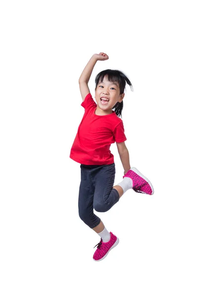 Asiático chinês menina saltando para cima e acenar com as mãos — Fotografia de Stock