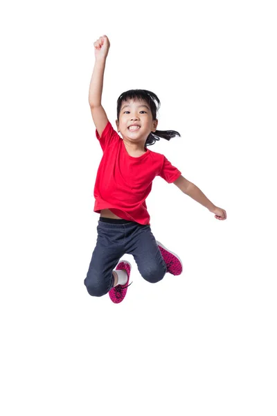 Asijská Čínská holčička skákání nahoru a mávat rukama — Stock fotografie