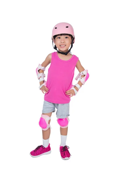 Asiatiska liten kinesisk flicka bära skydd kit — Stockfoto