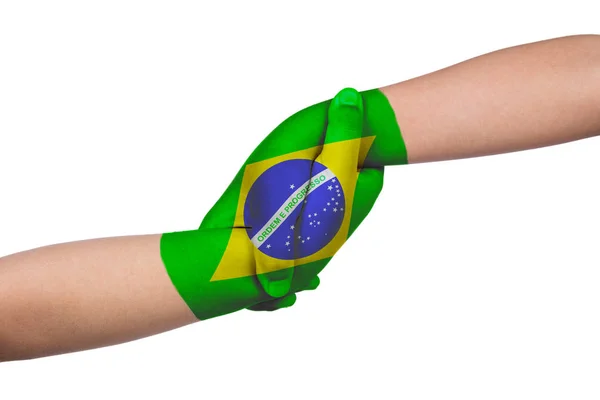 Manos de ayuda de dos niños con bandera de Brasil pintada —  Fotos de Stock