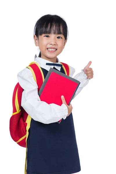 Asiatico piccolo cinese ragazza in scuola uniforme con scuola borsa — Foto Stock