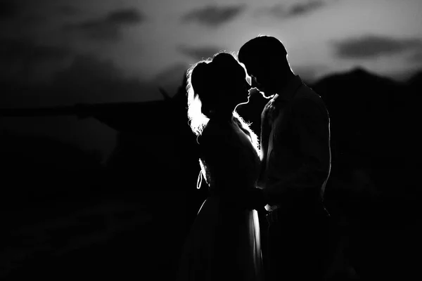 Silhouettes of the young couple of the bride and groom — Stock Photo, Image