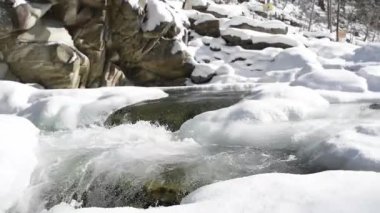 bir kış nehir şelale ve buzlu shore ile hızlı streams su eritebilir.