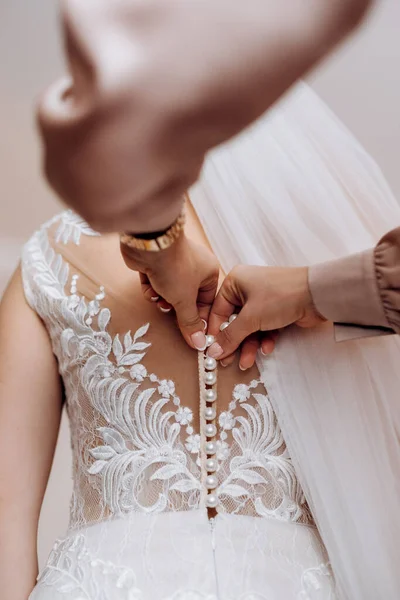 Šaty Nevěsty Svatebních Šatech Korzetem Tkaničky — Stock fotografie