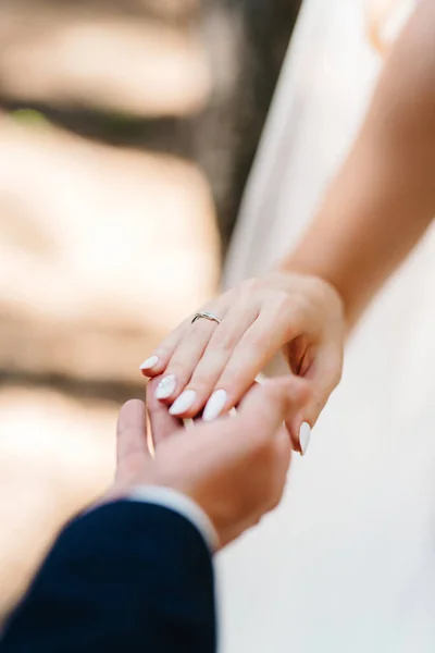 Braut Und Bräutigam Halten Zärtlich Händchen Zwischen Ihnen Liebe Und — Stockfoto