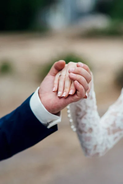Νύφη Και Γαμπρός Κρατούν Τρυφερά Χέρια Μεταξύ Τους Αγάπη Και — Φωτογραφία Αρχείου