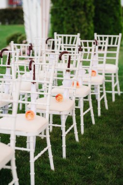 Ağaçların arasında, ağaçların arasında yeşil yolda düğün töreni.