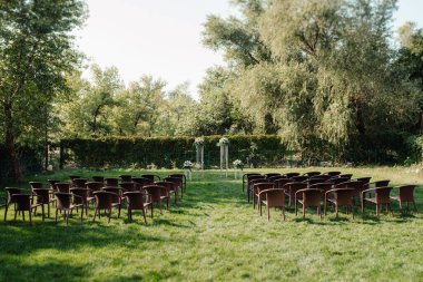 Ağaçların arasında, ağaçların arasında yeşil yolda düğün töreni.
