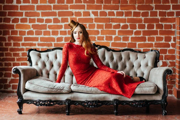 Young Girl Red Hair Bright Red Dress Bright Room Antique — Stock Photo, Image