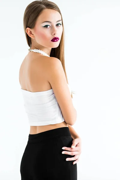 Mädchen Weißer Bluse Und Schwarzem Rock Auf Weißem Hintergrund — Stockfoto