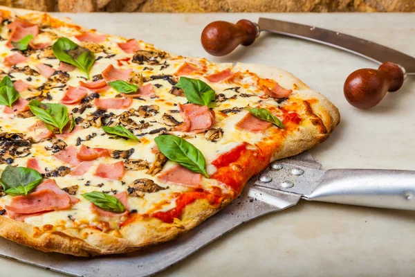 Pizza quente em uma casca, direto do forno . — Fotografia de Stock