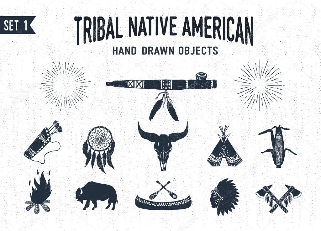 Hand drawn tribal icons set with peace pipe, dream catcher, buffalo skull, teepee, corn, bonfire, buffalo, canoe, chief, and tomahawks vector illustrations.