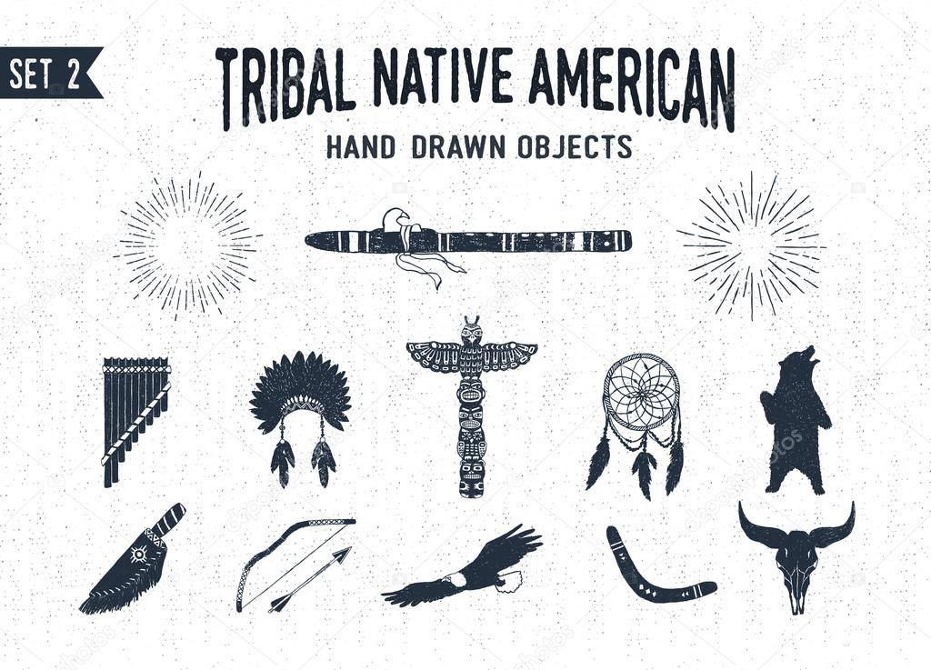 Hand drawn tribal icons set with flutes, headdress, totem pole, dream catcher, grizzly bear, knife, bow, eagle, boomerang, and buffalo skull vector illustrations.