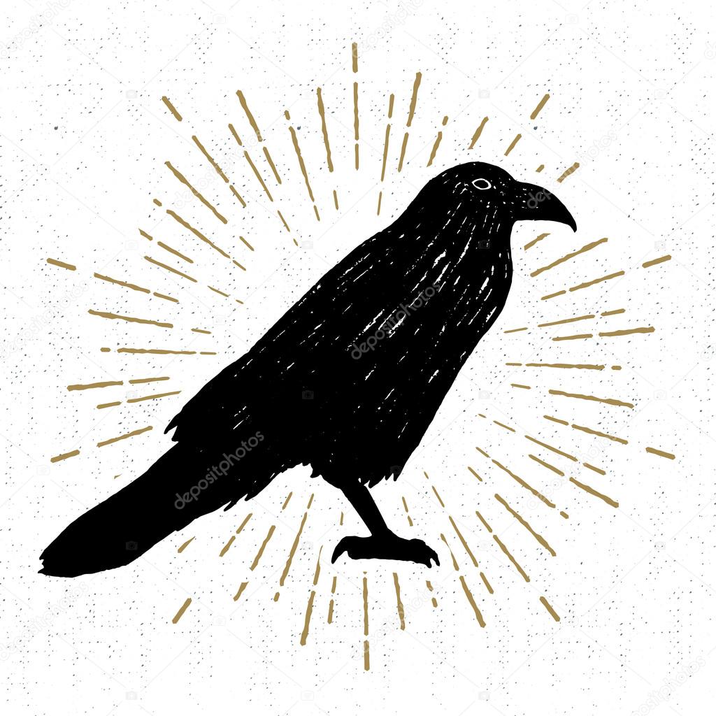 Hand drawn Halloween icon with a textured raven vector illustration.