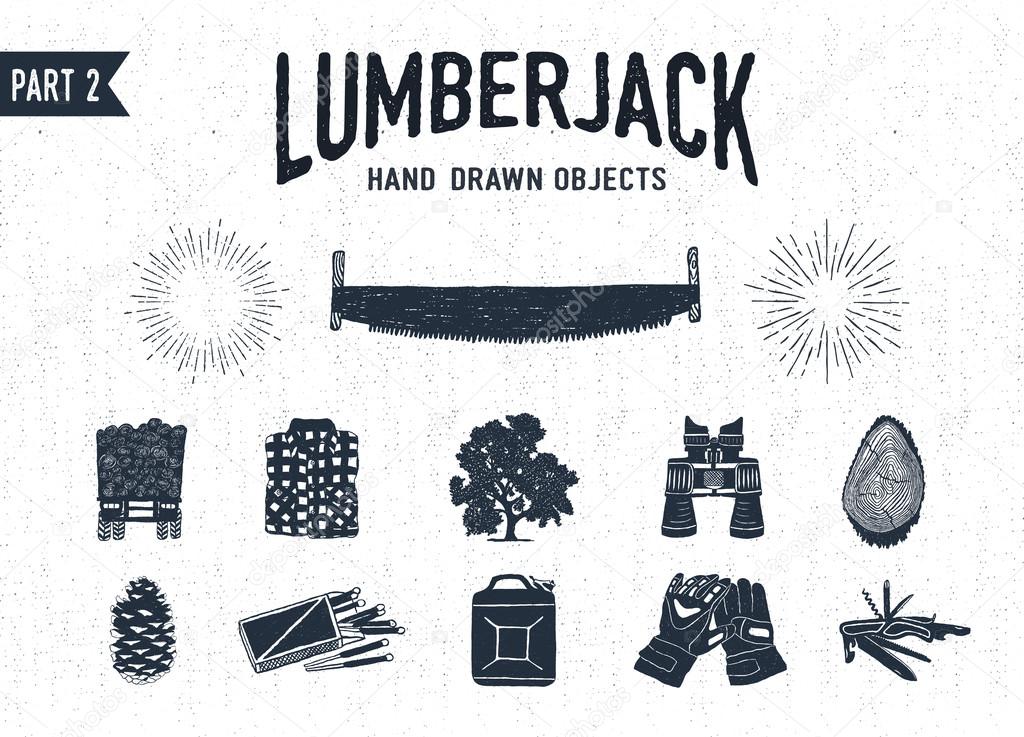 Hand drawn lumberjack textured icons set 2. Vector illustrations.