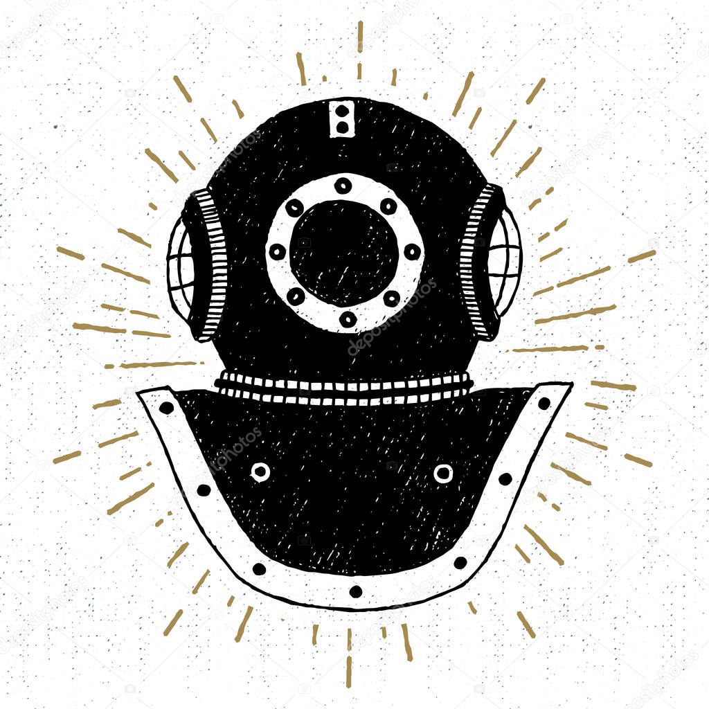 Hand drawn vintage diving helmet vector illustration.