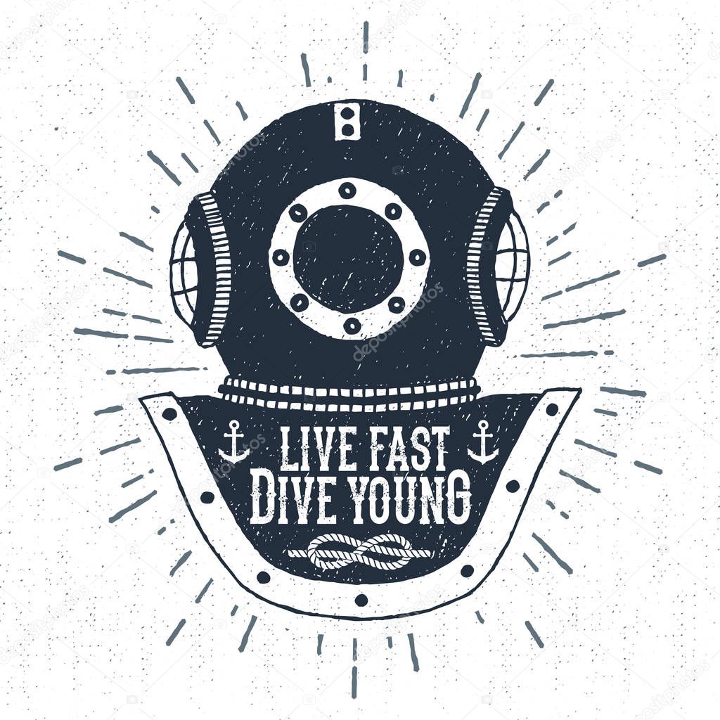 Hand drawn vintage diving helmet vector illustration with 