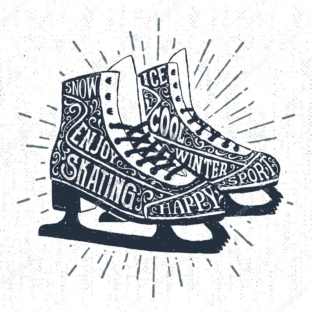 Hand drawn label with textured ice skates vector illustration and 