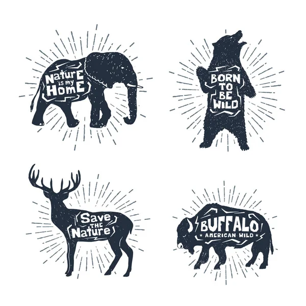 Set of hand drawn labels with animals vector illustrations and lettering. — Stock Vector