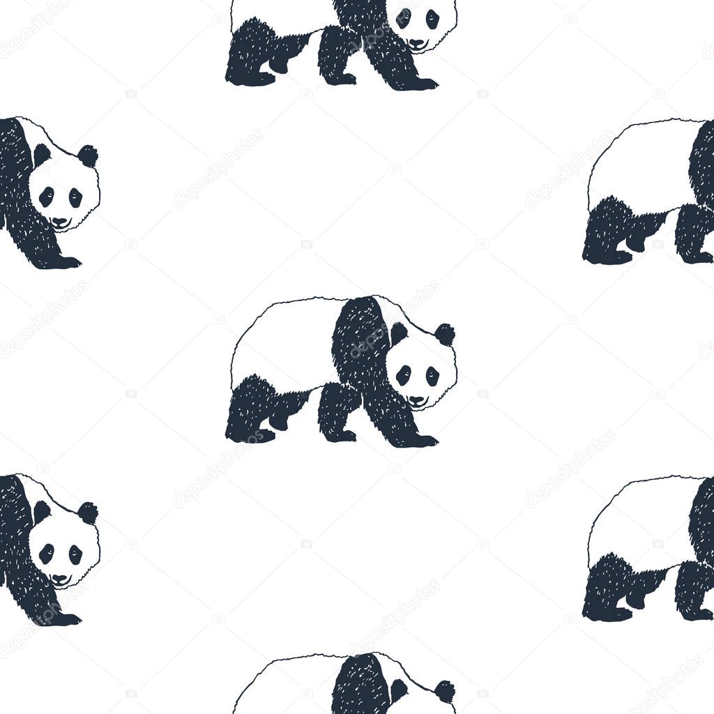 Seamless pattern with hand drawn panda vector illustration.