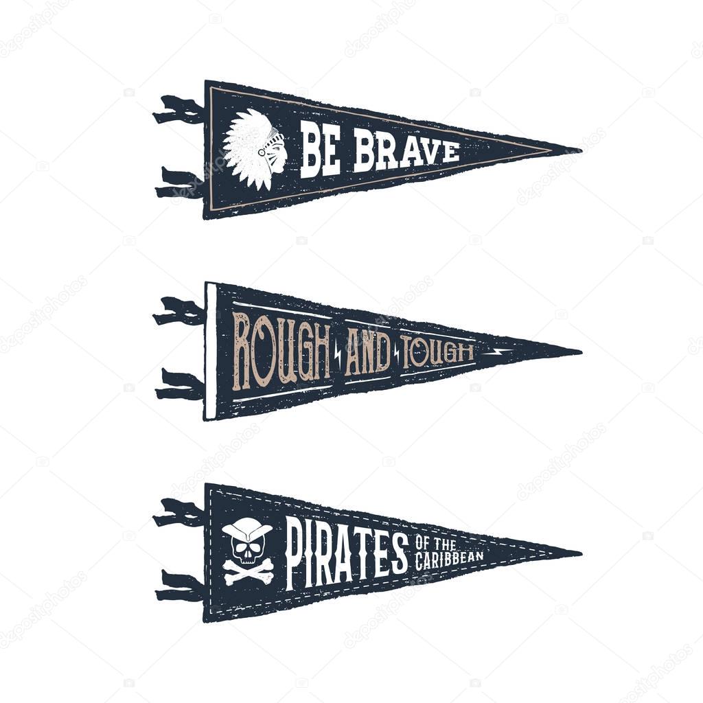 Hand drawn adventure pennant flags set with lettering