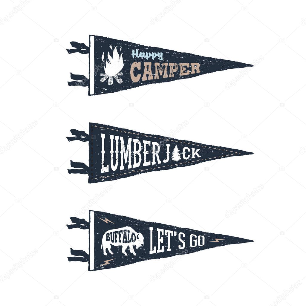 Hand drawn adventure pennant flags set with lettering