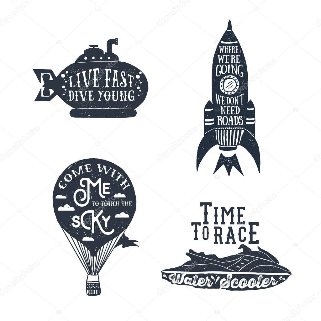 Hand drawn textured vintage traveling themed labels set with different transport