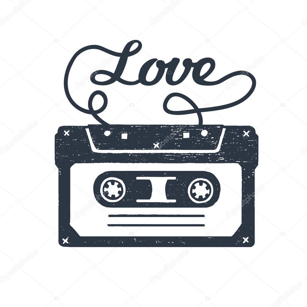 Hand drawn 90s themed badge with cassette tape vector illustration.