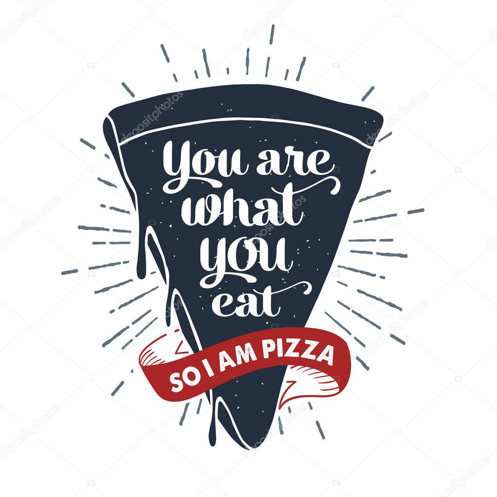 Hand drawn label with textured pizza slice vector illustration