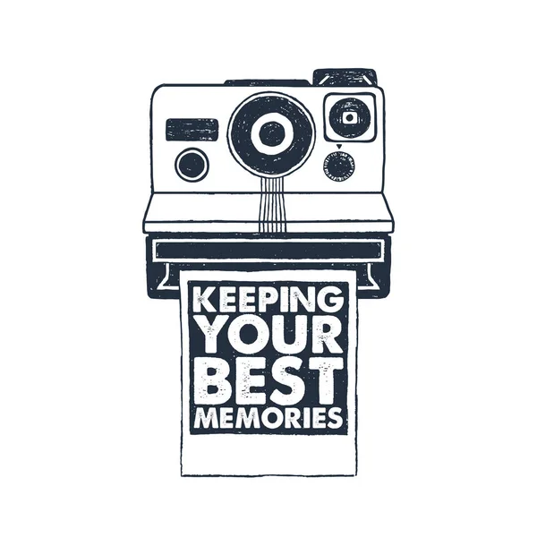 Hand getekende 90s thema badge met onmiddellijke camera vectorillustratie. — Stockvector