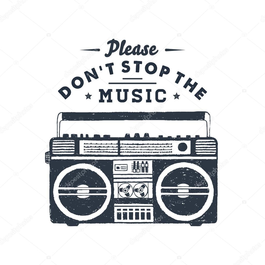 Hand drawn 90s themed badge with boombox player vector illustration.