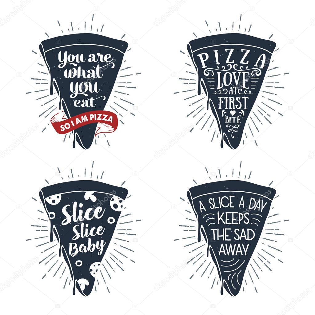 Hand drawn labels set with textured pizza slice vector illustration and lettering.
