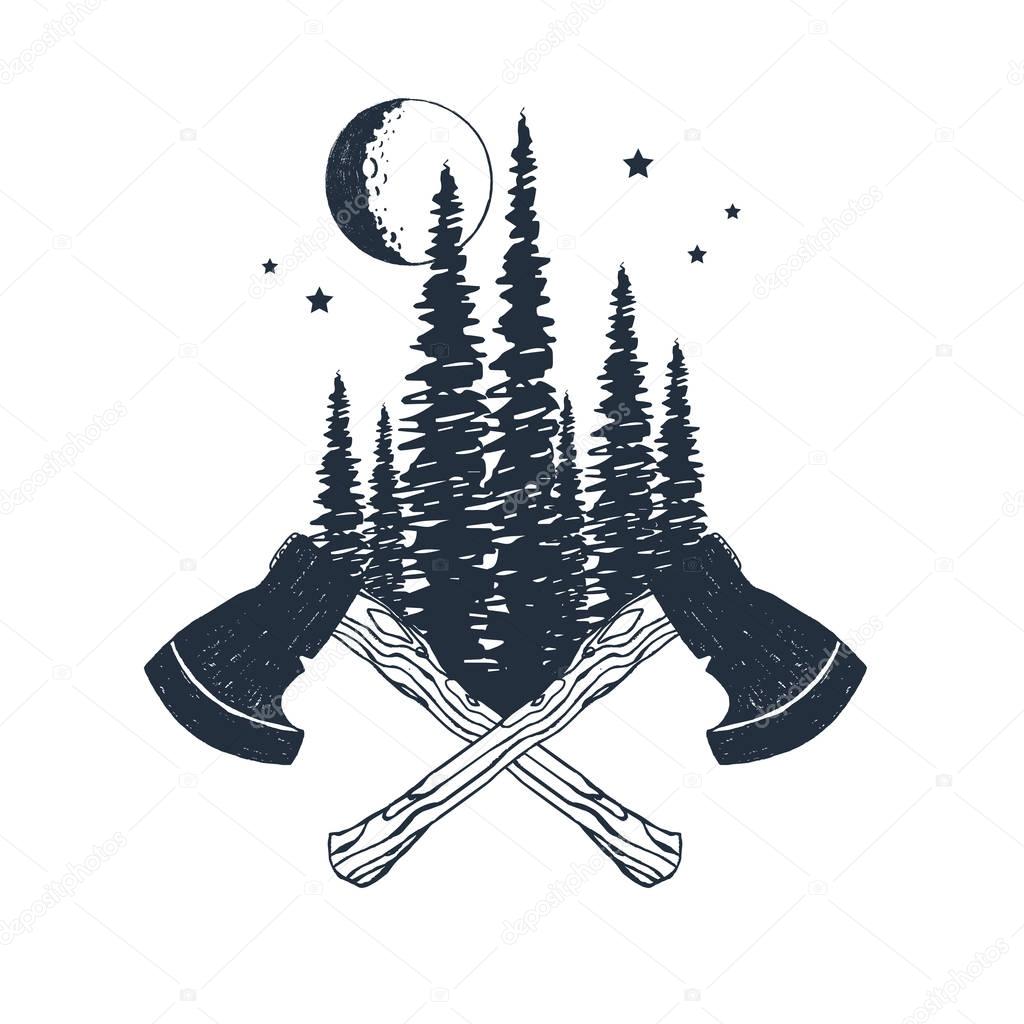 Hand drawn inspirational badge with textured forest vector illustration.