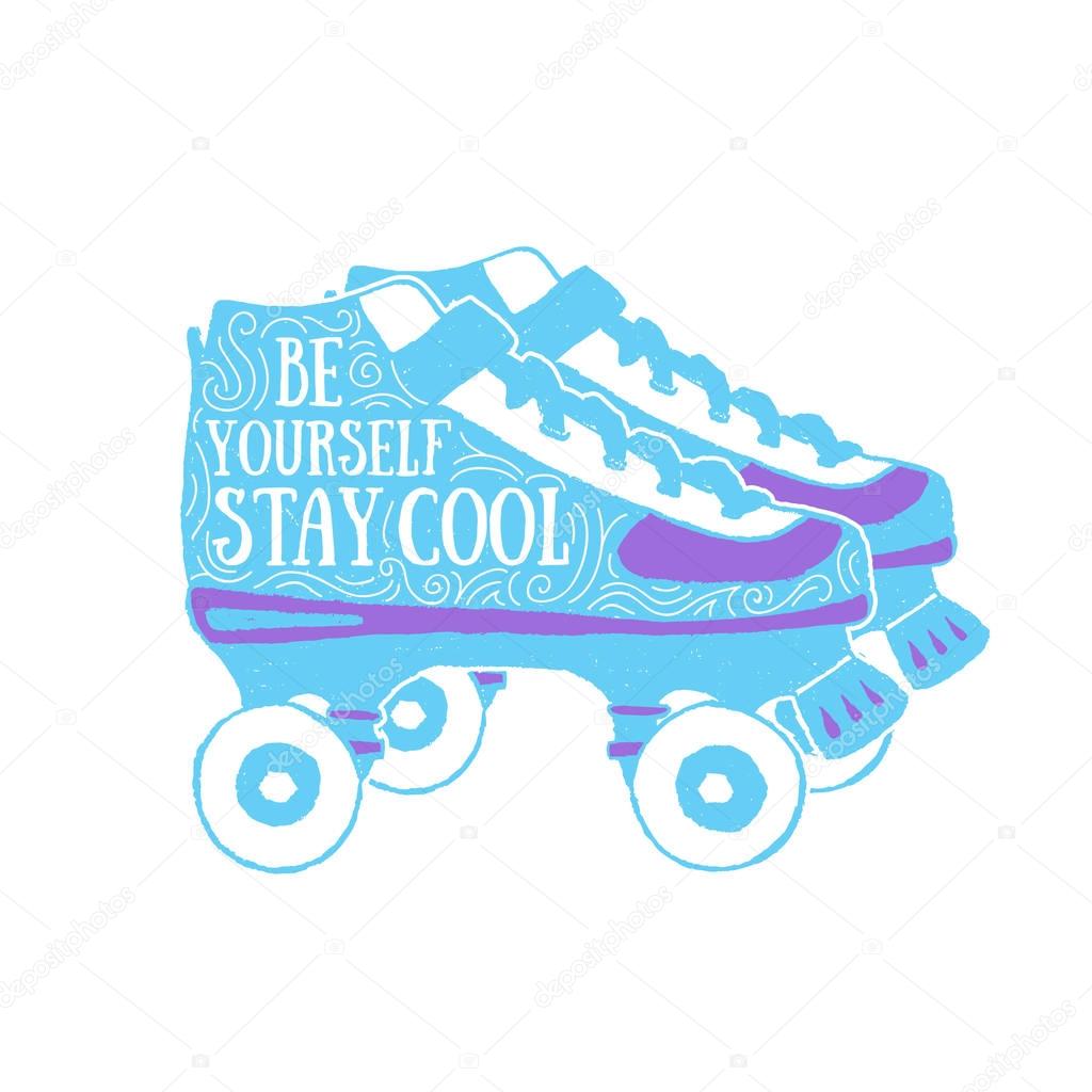 Hand drawn 90s themed badge with roller skates textured vector illustration and 
