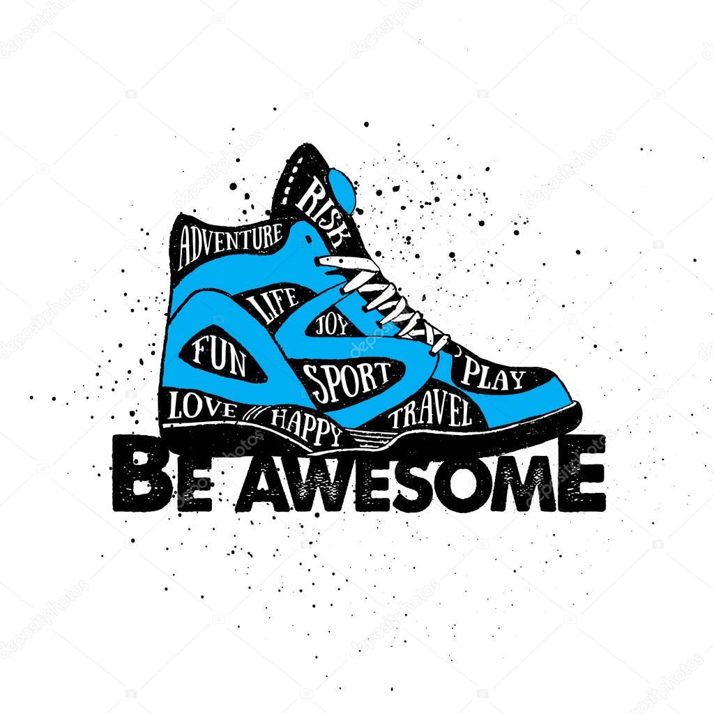 Hand drawn 90s themed badge with sneakers textured vector illustration and 