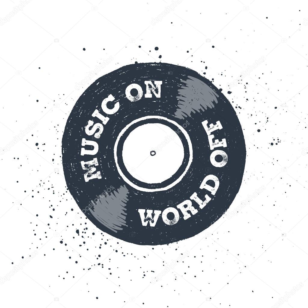 Hand drawn 90s themed badge with vinyl record textured vector illustration and 