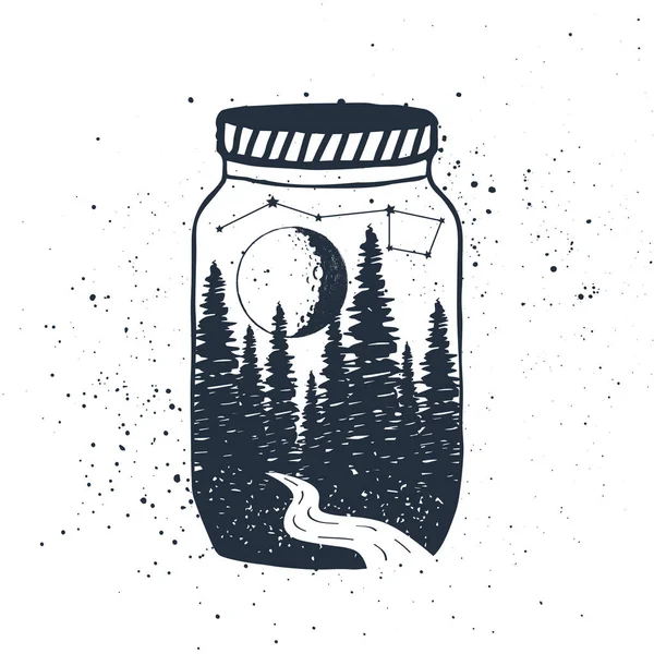 Hand gezeichnetes inspirierendes Etikett mit Wald in einer Glasvektorillustration. — Stockvektor