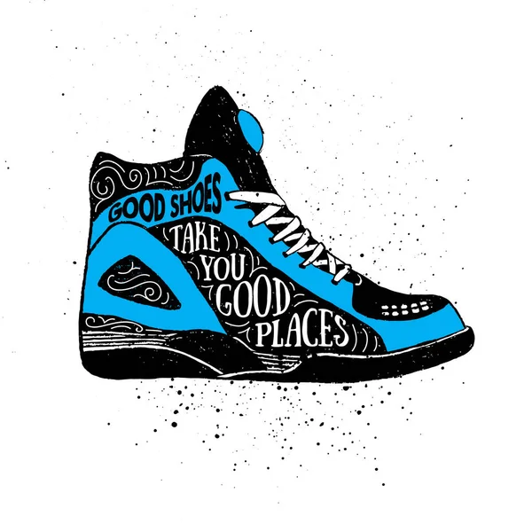 Insignia dibujada a mano con zapatillas de deporte ilustración vector texturizado — Vector de stock