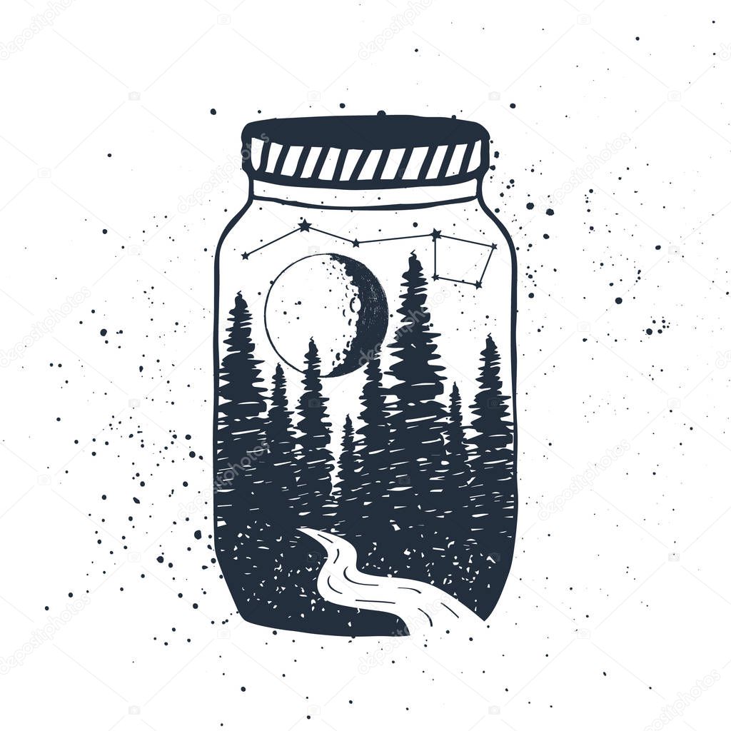 Hand drawn inspirational label with forest in a jar vector illustration.