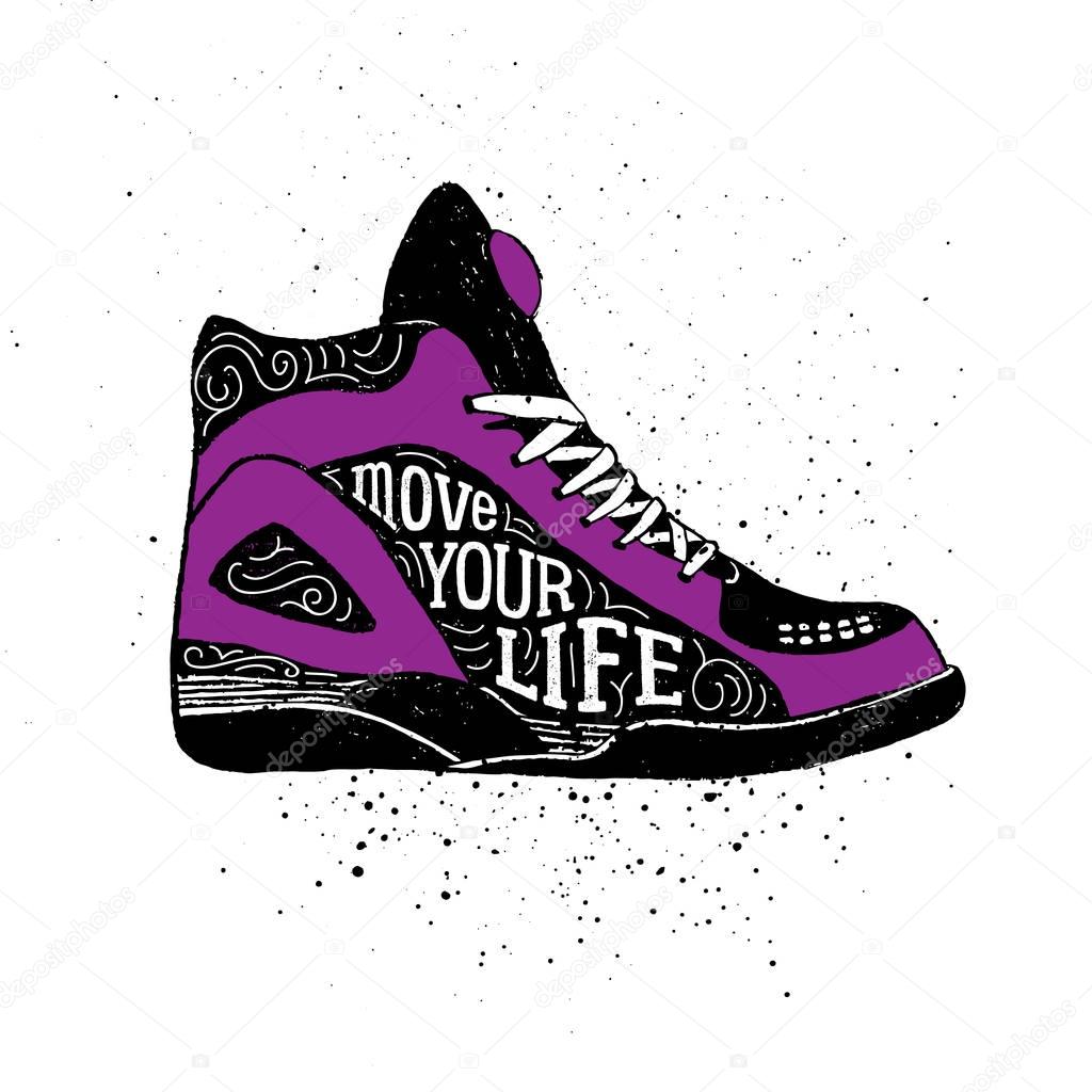 Hand drawn badge with sneakers textured vector illustration