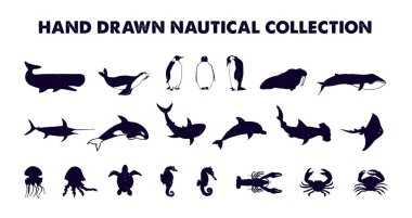 Hand drawn monochrome sea animals vector illustrations set. clipart