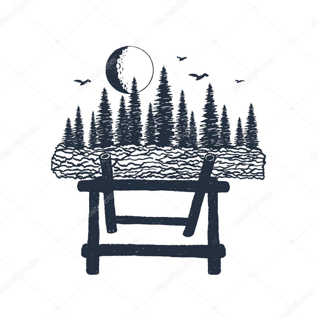Hand drawn label with log and forest textured vector illustrations