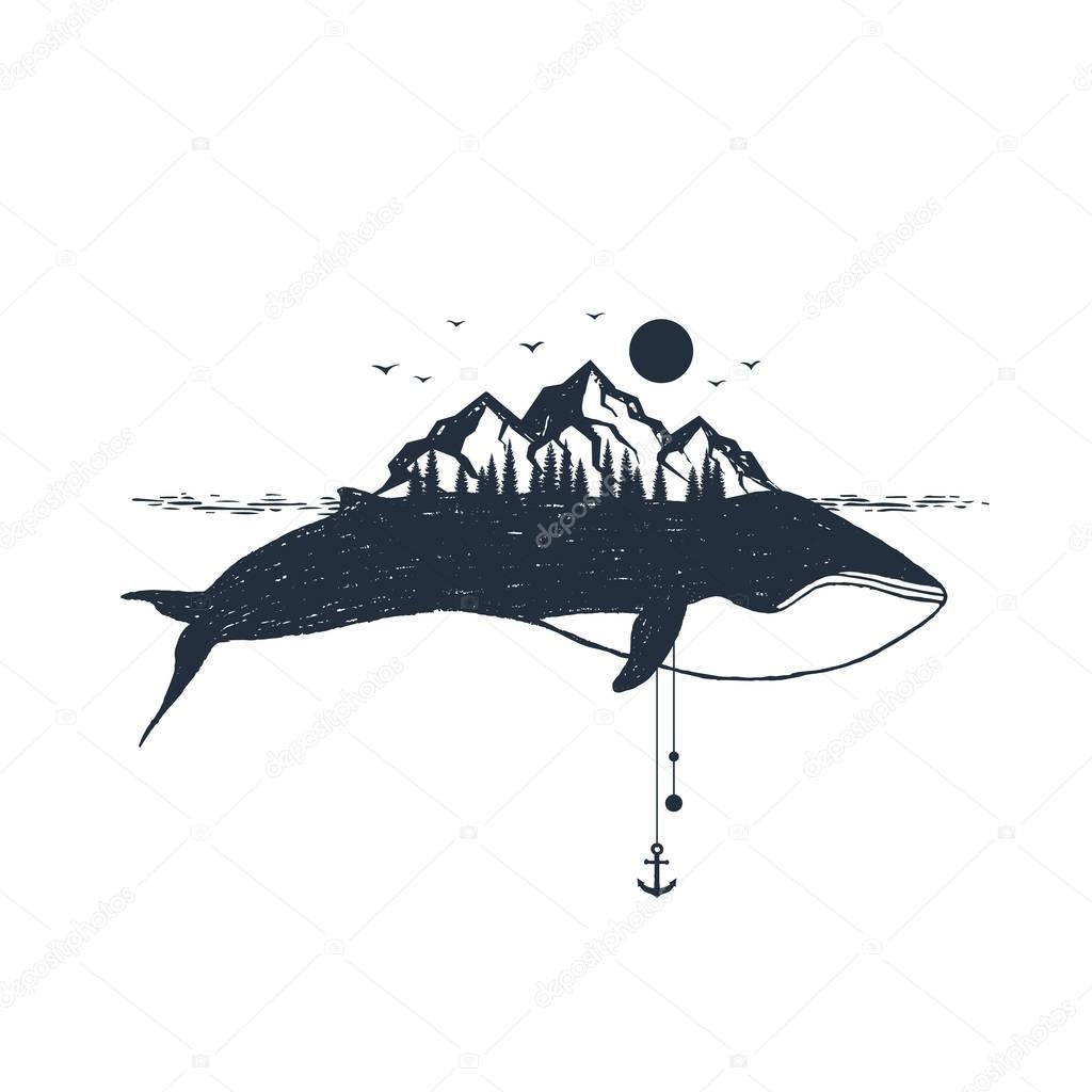 Hand drawn nautical badge with whale and mountains textured vector illustrations.