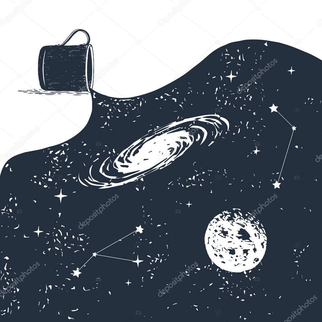 Hand drawn space badge with textured vector illustration.
