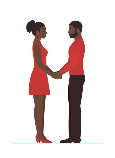 Mujer africana y hombre africano, pareja enamorada, tomados de la mano y mirándose a los ojos en pleno crecimiento de pie. Día de San Valentín, compromiso, boda o aniversario. estilo plano aislado . — Archivo Imágenes Vectoriales