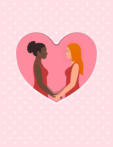 Happy Valentijnsdag 14 februari groet kaart. Afro Amerikaans meisje en witte roodharige meisje, een lesbische multiraciale homo paar verliefd, hand in hand en kijken naar elkaars ogen. — Stockvector