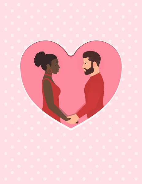 ひげを生やした白人とアフロ アメリカン美女。恋に、手を取り合って、お互いに目を見て幸せな多民族カップル。幸せなバレンタインデーのグリーティング カード。結婚式や記念日. — ストックベクタ